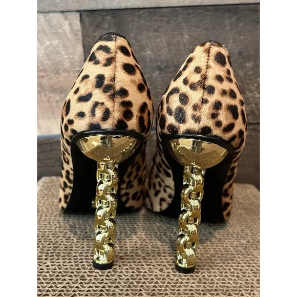 KAT MACONIE Lydia Leopard Pointed Toe Pumps Size 6 Gold Chain Heels Black Brown - Picture 5 of 9